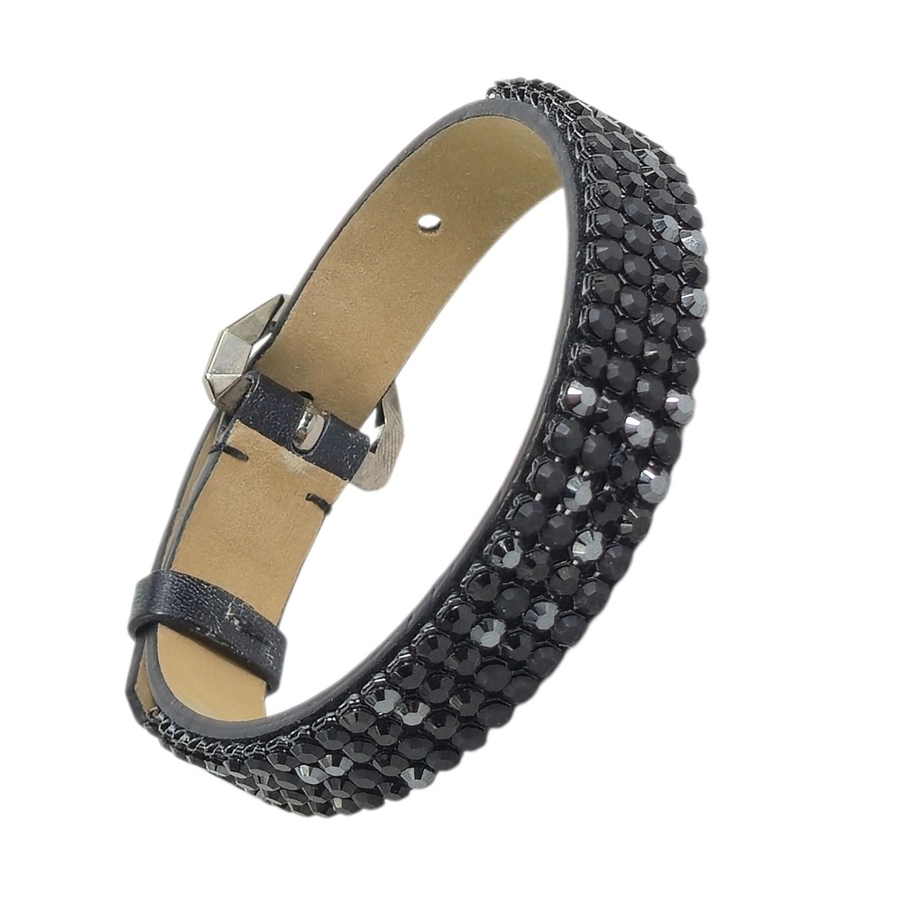 Swarovski Leather Bracelet Black Crystal Stones Adjustable Glam Boho 90s‎ 8"